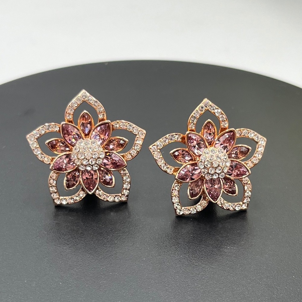 Joan Boyce JB Vintage Rose Gold Blooming Floral Pink Rhinestone CZ Clip Earrings